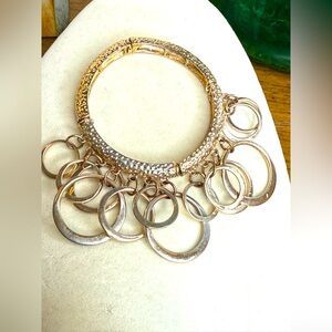 Bold Hammered Gold Tone Charm Bangle Bracelet with Oversized Rings